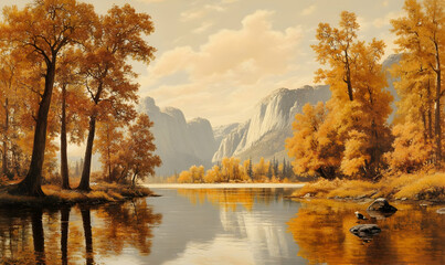 Obraz premium Autumnal valley lake reflection, peaceful scene