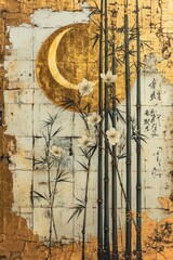 Fototapeta premium Golden crescent moon over bamboo and blossoms serene asian landscape traditional art calm setting artistic view