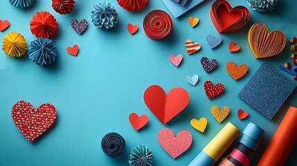 Fototapeta premium Colorful Craft Paper Hearts and Decorative Elements Spread Across a Vibrant Blue Surface for Creative Valentine's Day or Romantic Projects