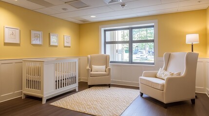 A gender-neutral nursery with a soft yellow accent wall and cozy white furniture