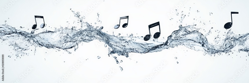 Poster Musical notes floating gracefully above a splashing stream of water create a captivating visual representation of the harmonious blend between music and the beauty of nature