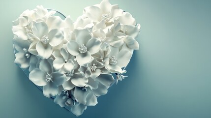 A composition of 3D wedding flowers in a heart shape, symbolizing love and romance, ideal for wedding invitations