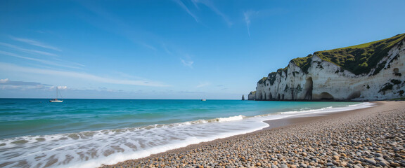 "A scenic view of Étretat’s cliffs with a winding walking trail leading to the edge, surrounded by lush grass and summer wildflowers. The towering chalk cliffs meet the deep blue