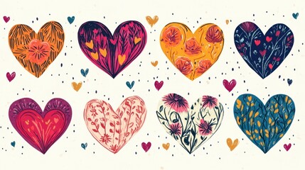 A set of colorful hearts with flowers and leaves surrounding them