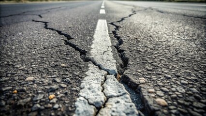 A cracked asphalt road surface with a visible white center line reveals the aging infrastructure