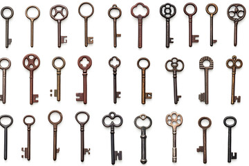 Collection of different old vintage keys isolated on white background
