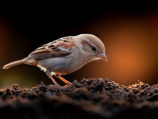A small bird standing on top of a pile of dirt