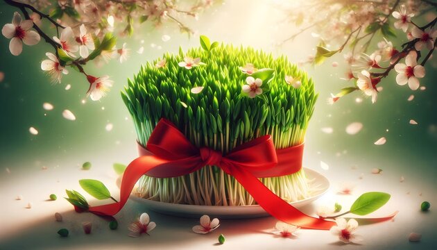 wheat grass nowruz sabzeh sprouts red ribbon, haft sin nouruz norooz Persian Iranian new year spring blossoms, horizontal background