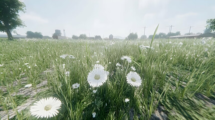 Daisies blooming, rural field, farm background, game asset