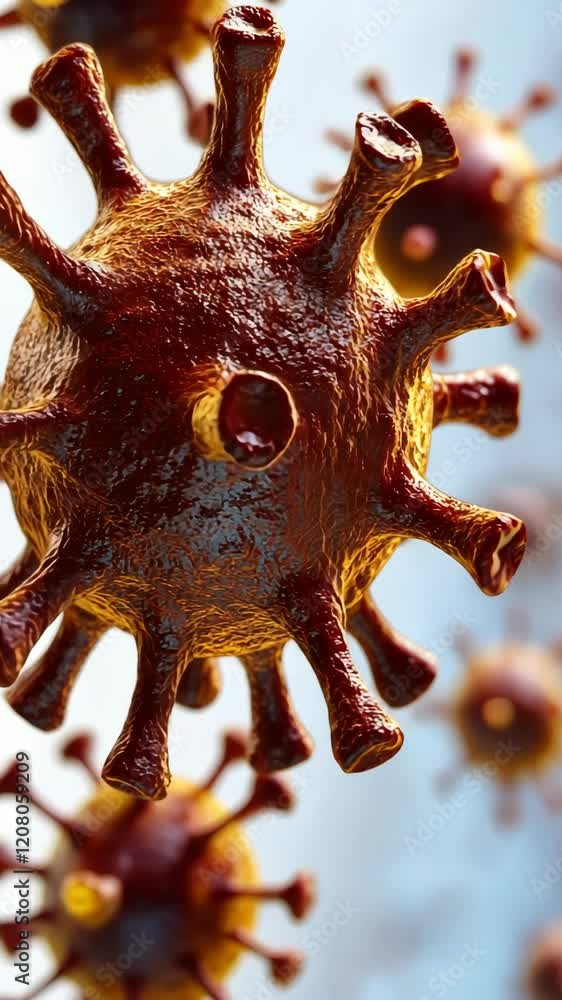 Poster detailed representation of a virus under microscopy, showcasing intricate surface features and patte