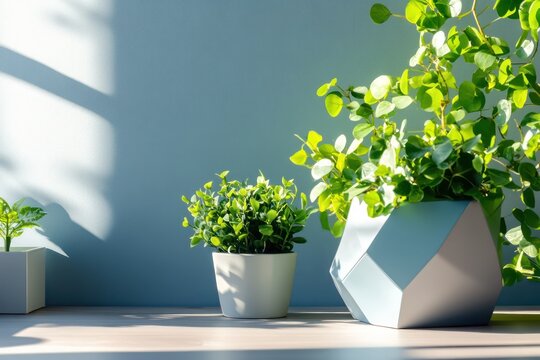 A stylish desk setup featuring geometric planters, vibrant greenery, and contemporary decor