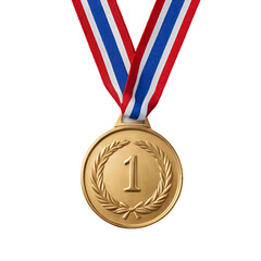 A Golden Medal with a Red White and Blue Ribbon Hanging on a Black Background.