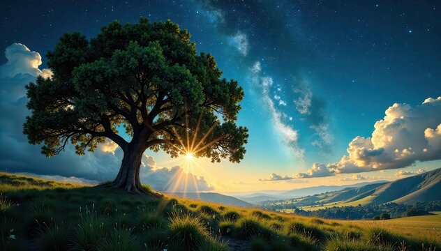 Viejo roble con ramas retorcidas bajo el cielo estrellado, sombra, naturaleza, paisaje