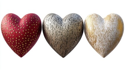 Obraz premium Three hearts are shown in a row, with one being red and the other two being gold
