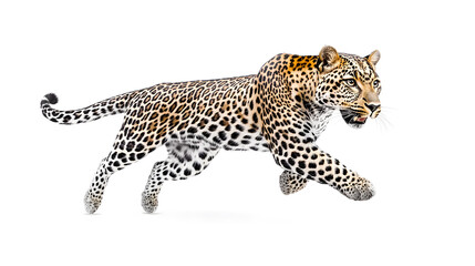 Fototapeta premium Leopard running at full speed isolated on white background