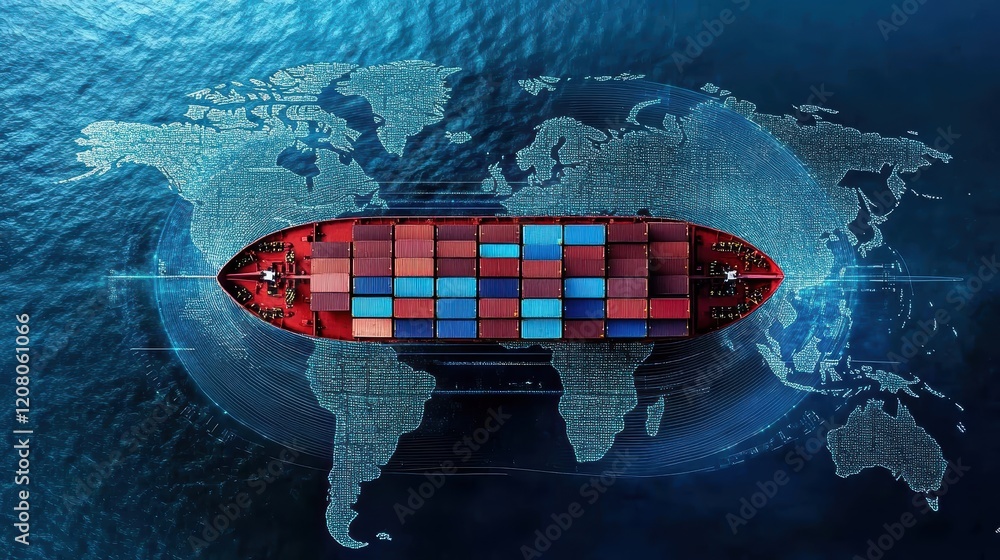 Poster aerial view of cargo container ship navigating global trade routes ocean environment digital map con