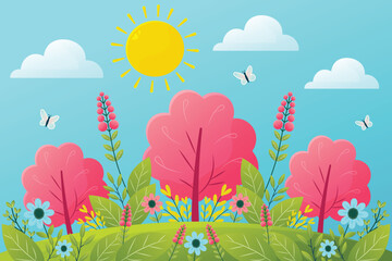 Obraz premium landscape of a blooming spring field on a sunny day flat vector illustration