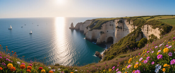 "A scenic view of Étretat’s cliffs with a winding walking trail leading to the edge, surrounded by lush grass and summer wildflowers. The towering chalk cliffs meet the deep blue