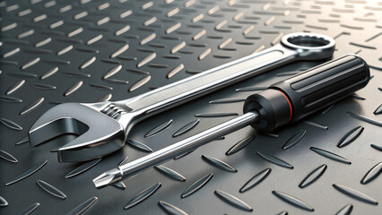 Fototapeta premium Metal tools: wrench and screwdriver on a textured steel surface