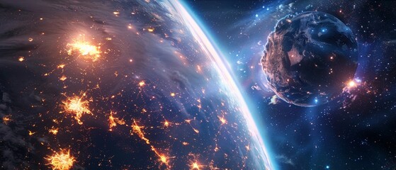 Obraz premium A breathtaking view of Earth from space, surrounded by a colorful nebula and floating asteroids.