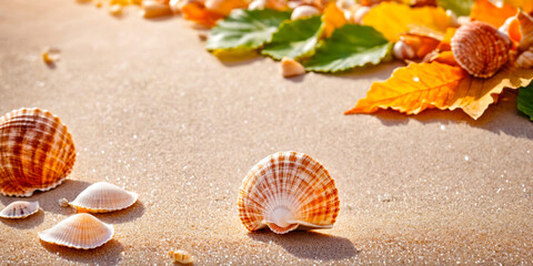 Seashells and Autumn Leaves on Sandy Beach