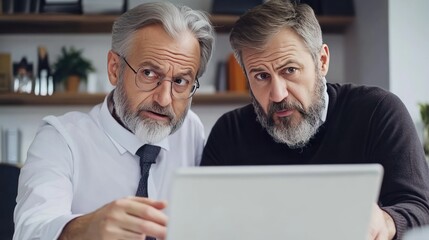 Two mature businessmen looking at a laptop with expressions of shock and concern, working together on a project in an office setting.