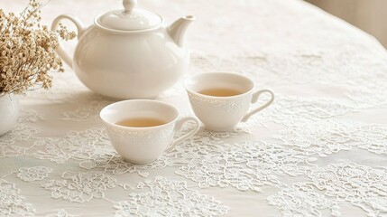 Elegant Porcelain Teapot and Cups Arranged on Lace Tablecloth