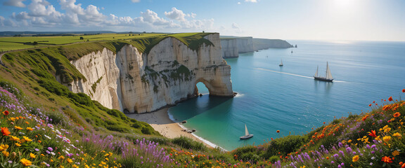 "A scenic view of Étretat’s cliffs with a winding walking trail leading to the edge, surrounded by lush grass and summer wildflowers. The towering chalk cliffs meet the deep blue