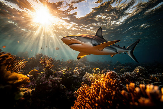 Majestic Shark Patrols Coral Reef: A Captivating Underwater Encounter as Sunbeams Illuminate the Ocean's Depths