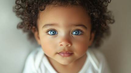 Naklejka premium Close-up portrait of cute african baby with focus on big blue clear eyes on white background