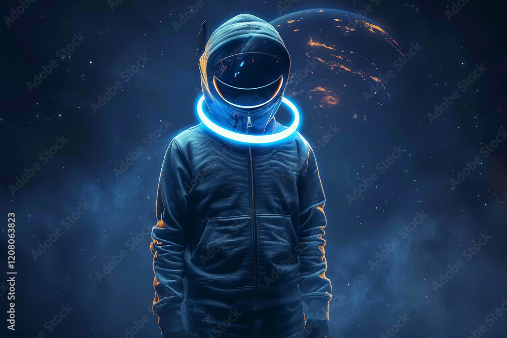 Poster spacesuit helmet displays a modern, high-tech generative ai