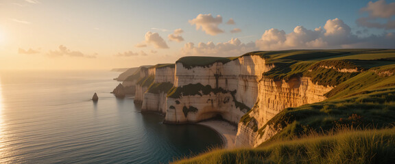 "A scenic view of Étretat’s cliffs with a winding walking trail leading to the edge, surrounded by lush grass and summer wildflowers. The towering chalk cliffs meet the deep blue