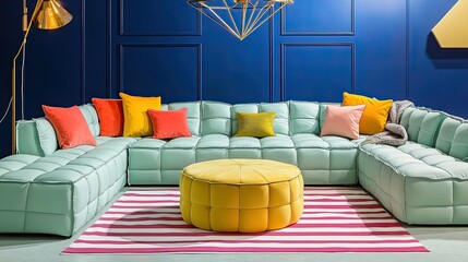 A lively living room featuring a mint-green modular sofa accented with coral throw pillows