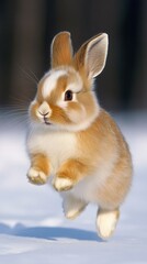 Obraz premium A brown and white rabbit joyfully hops through a picturesque snowy landscape under the bright light of winter daylight