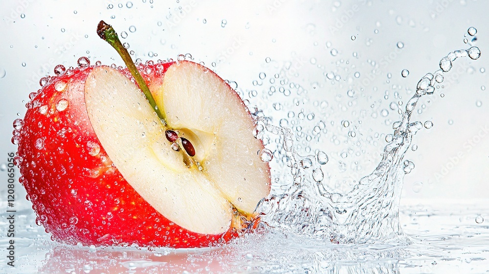 Poster red apple slice submerged in water with droplets and splash effects