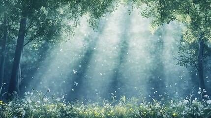Enchanting Spring Forest with Rays of Light Filtering Through Trees