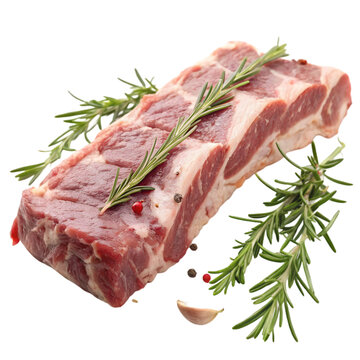 crude riba meat with rosemary on transparent background