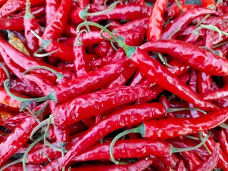 close up top view pile of red thai hot chili peppers, beautiful colorful vibrant red colors. Red chilli.