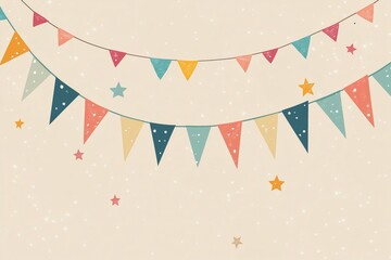 Simple Illustration of Colorful Bunting Flags and Stars on a Beige Background: Soft Pastels with Subtle Gradients for Kids' Party Decorations and Greeting Card Designs