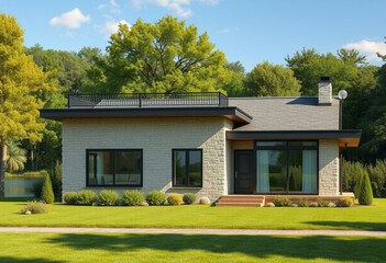 Serene country house exterior with natural stone walls and modern architecture