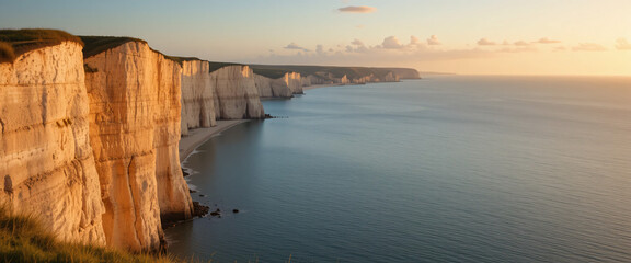 "A scenic view of Étretat’s cliffs with a winding walking trail leading to the edge, surrounded by lush grass and summer wildflowers. The towering chalk cliffs meet the deep blue