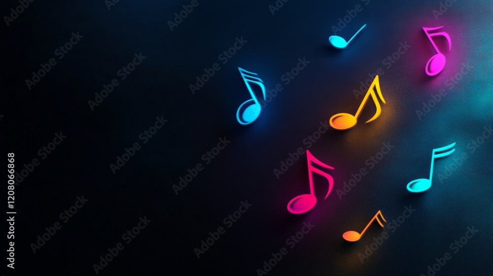 Aufkleber glowing colorful neon musical notes dance across a dark background, creating a lively and energetic 