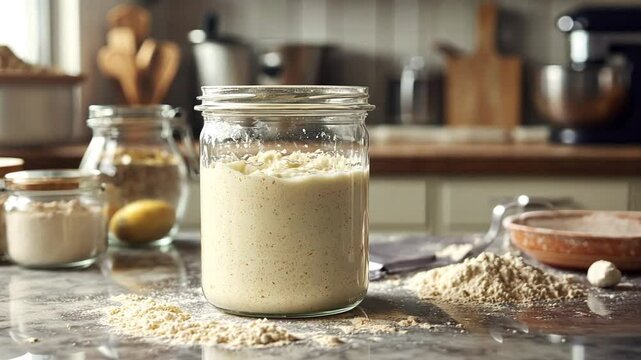 Homemade sourdough starter in a glass jar, ready for baking. 