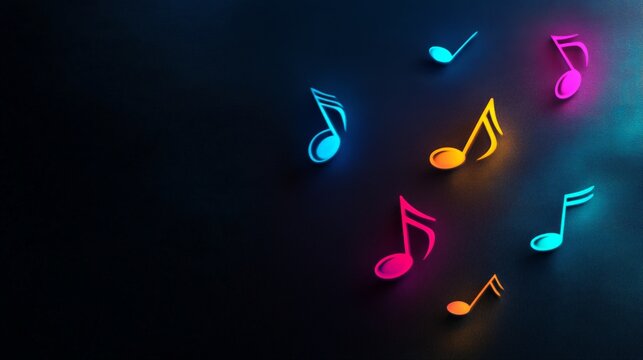 Glowing colorful neon musical notes dance across a dark background, creating a lively and energetic atmosphere ideal for music related themes and events