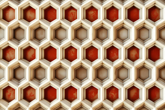 pattern of hexagons with red and white colors. The red and white colors are arranged in a repeating pattern, with the red color appearing in the center of each hexagon