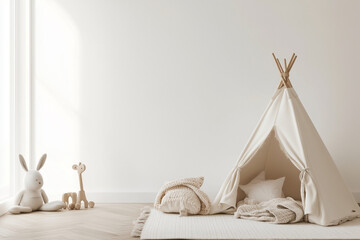  white room with a tarp tent and a stuffed rabbit. The room is empty and has a simple, minimalist design