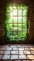 Ivy-framed window, sunlit garden, brick wall, stone floor, calm