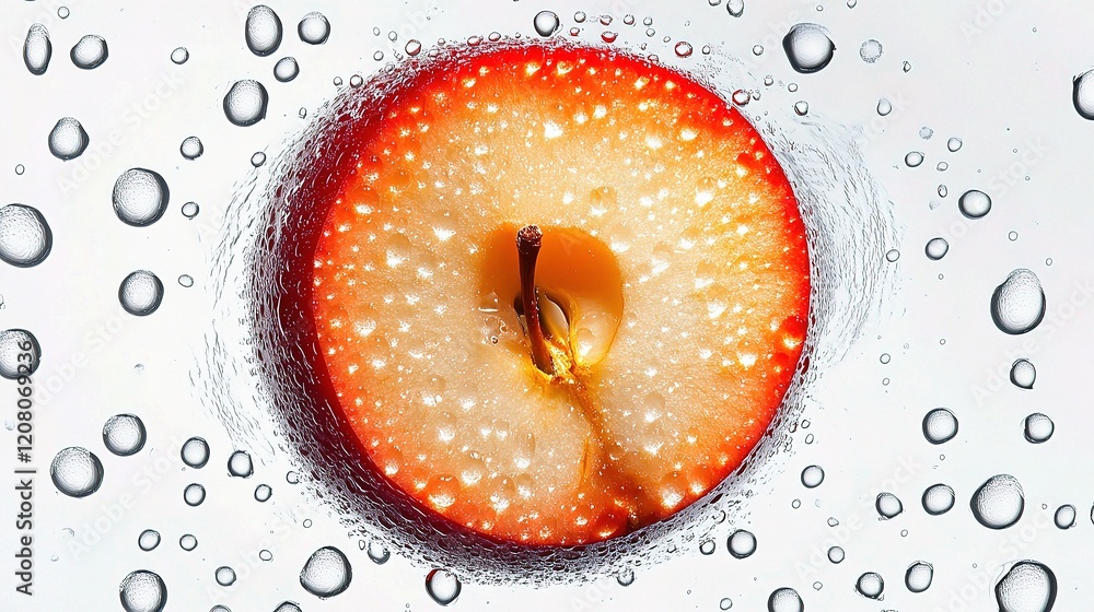 Poster fresh red apple slice submerged in water with droplets on surface