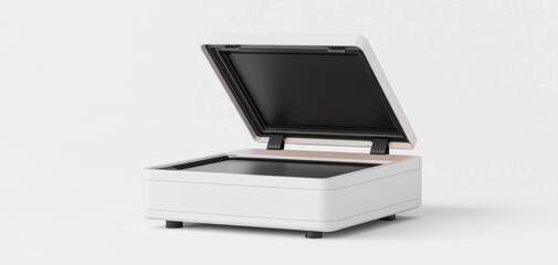 Scanning action modern office device image minimalist environment top view technology concept
