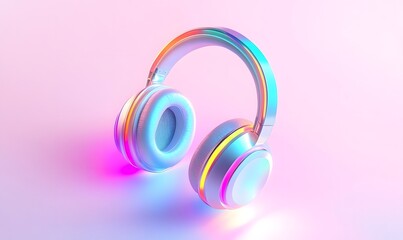Colorful headphones, studio backdrop, vibrant lighting, music